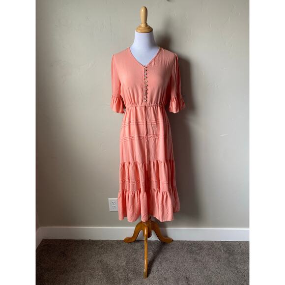 Sweet Salt Salmon Colored Tie Waist Tiered Midi Dress- Size 12 - Picture 3 of 6